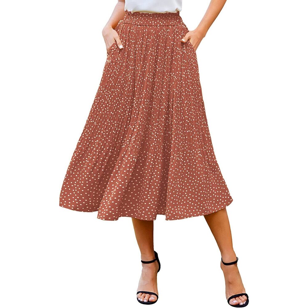7657 Skirt High Waisted Boho Skirts A-Line Calf Length Pleated Skirt